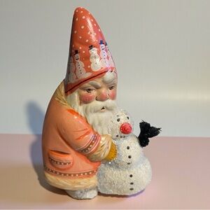 Vaillancourt Chalkware pink Santa with glittered snowman, 2007, 2 tiny chips